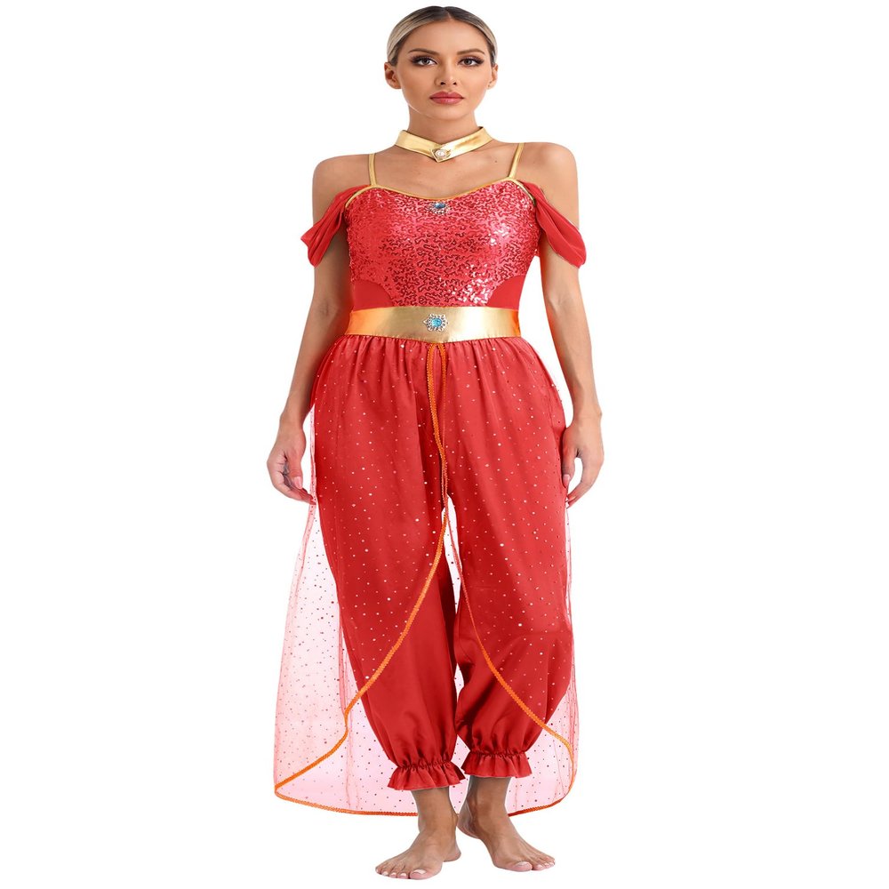 winying Women Arabian Prince Costume Adult Sequins Belly Dance Leotard Jumpsuit Halloween Carnival Party Red Medium