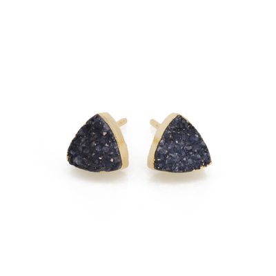Dazzle Appeal Black Druzy Quartz Crystal Stud Earrings for Women 8mm Trillion Shape Gold Edge Gemstone Studs Healing Crystal Gold Plated Minimalist Fashion Jewelry (Black)