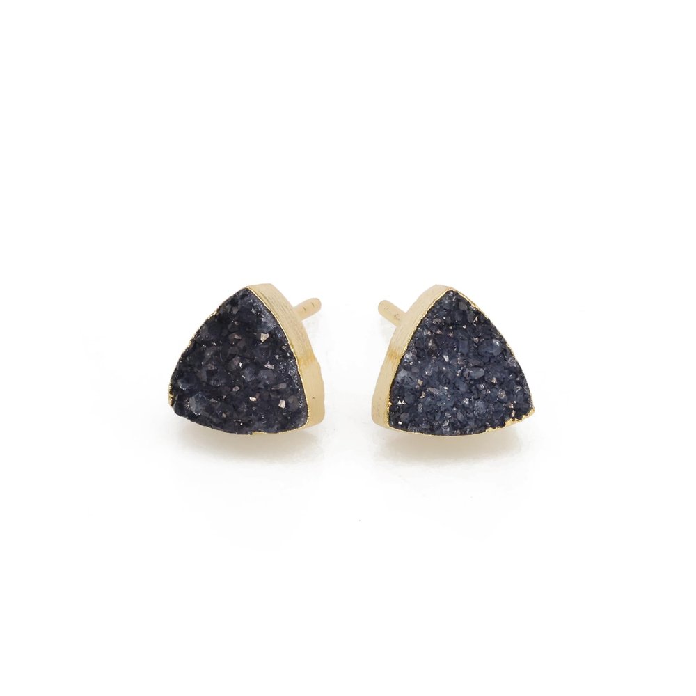 Dazzle Appeal Black Druzy Quartz Crystal Stud Earrings for Women 8mm Trillion Shape Gold Edge Gemstone Studs Healing Crystal Gold Plated Minimalist Fashion Jewelry (Black)