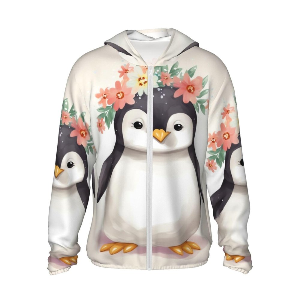 Dwrepo UPF50+ Penguin Wearing Flowers Sun Protection Hoodie Jacket Quick Dry Long Sleeve Sun Shirt for Men Women, Medium, Black