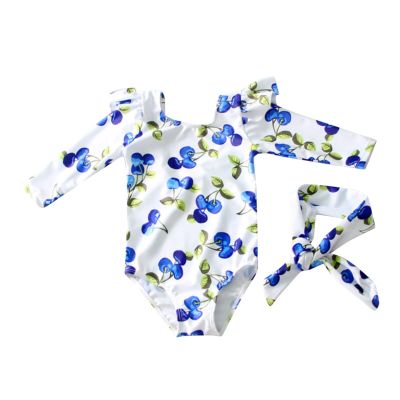 KAGAYD Girls Swimsuit 1 Pcs Rashguard Swimwear Ruffle Floral Half Sleeve Bathing Suit with Headband (Blue, 12-18 Months)