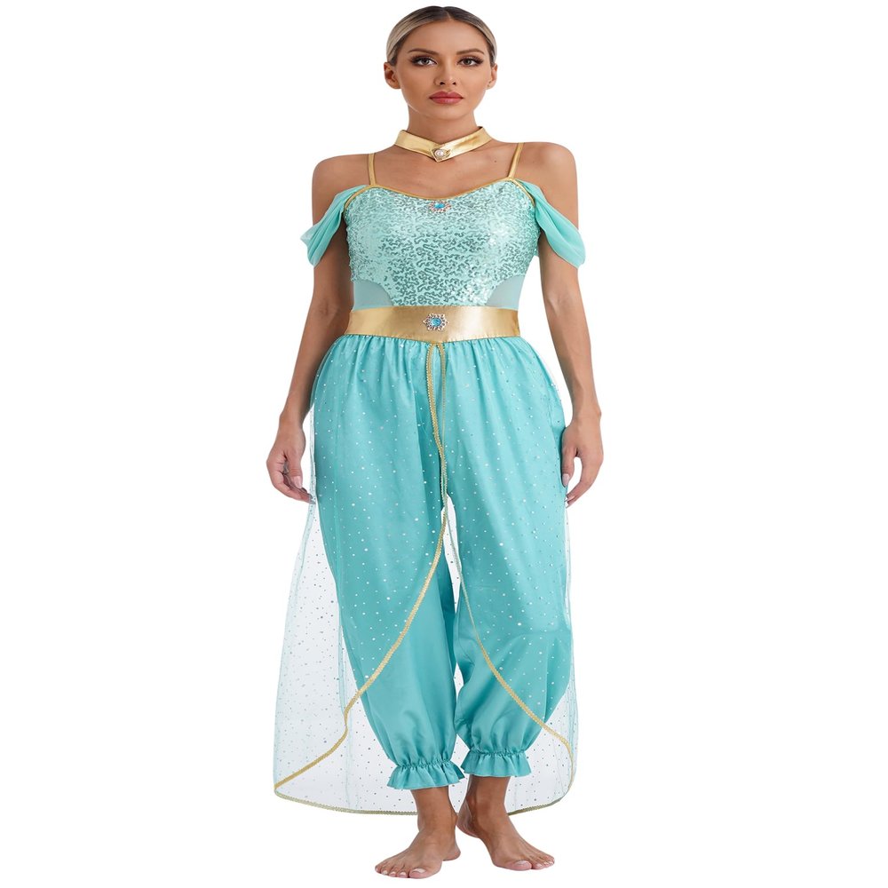 winying Women Arabian Prince Costume Adult Sequins Belly Dance Leotard Jumpsuit Halloween Carnival Party Turquoise 3X-Large