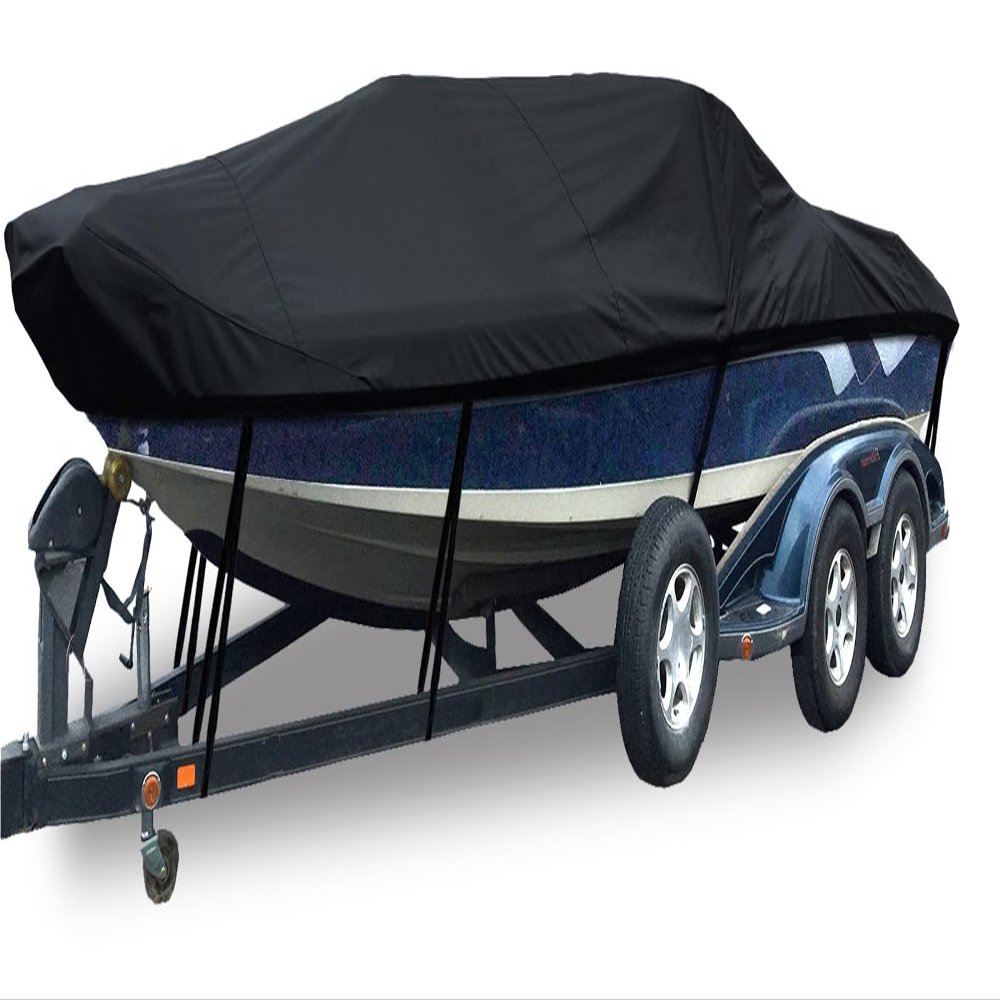 10-24FT Trailerable Boat Cover 420D Waterproof Boat Covers, for V-Hull, TRI-Hull, Runabout Boat, Pro-Style Bass Boats, Black,10~12FTx68in