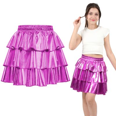 ERDEM KIDS Girls Metallic Skirt 3-Layer Ruffle Sparkly Shiny Dance Party Skirt(MST Fuschia 6-7 Years)