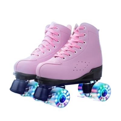 SHIJT Flash Wheels Roller Skates for Girls Double Row Roller Blades Women Adult Pu Leather Light Up for Men Girls Unisex Christmas(Pink+Glitter Wheel,6)