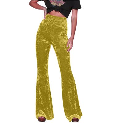 Akklian Women's Velvet Elastic Waist Flare Leg Palazzo Long Pants Stretchy Slim Bell Bottom Trousers Palazzo Casual Pants Yellow