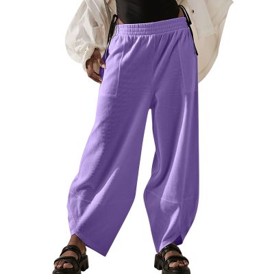 Wide Leg Pants Woman,Dress Pants Women,Womens Cotton Harem Pants Casual Elastic High Waist Loose Fit Summer Pants Side Slit Crop Track Pants with Pockets Purple
