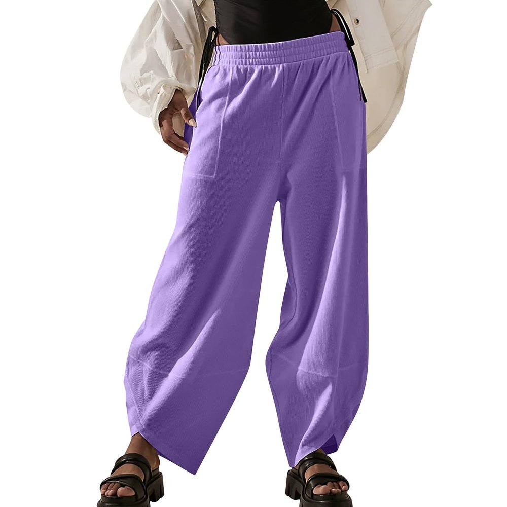 Wide Leg Pants Woman,Dress Pants Women,Womens Cotton Harem Pants Casual Elastic High Waist Loose Fit Summer Pants Side Slit Crop Track Pants with Pockets Purple