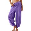 Wide Leg Pants Woman,Dress Pants Women,Womens Cotton Harem Pants Casual Elastic High Waist Loose Fit Summer Pants Side Slit Crop Track Pants with Pockets Purple view 2