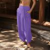Wide Leg Pants Woman,Dress Pants Women,Womens Cotton Harem Pants Casual Elastic High Waist Loose Fit Summer Pants Side Slit Crop Track Pants with Pockets Purple view 4