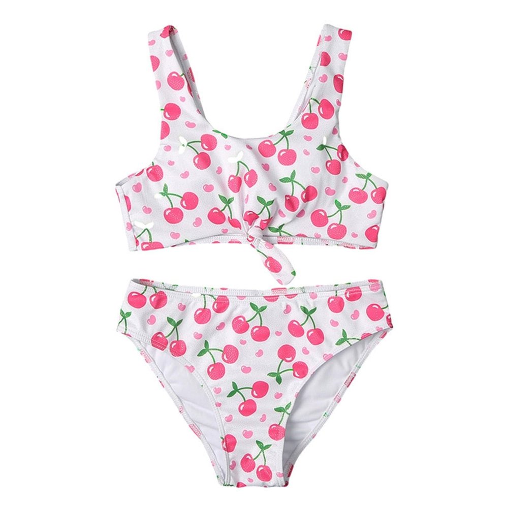 NineFit Basics Girls Cherry Print Bikini Swimsuit 2pc Set Cotton Comfortable Soft Light Breathable Open Navel (Pink, 7-8 Years)