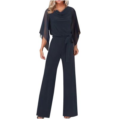 NineFit Basics 2 Piece Pant Suits for Women Dressy Irregular Chiffon V Neck Tunics Blouses Wide Leg Pant Set Evening Party Outfit, Large, Dark Blue