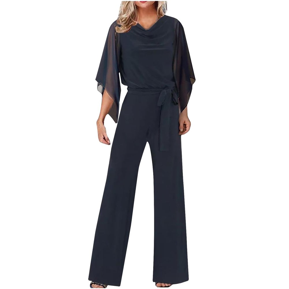 NineFit Basics 2 Piece Pant Suits for Women Dressy Irregular Chiffon V Neck Tunics Blouses Wide Leg Pant Set Evening Party Outfit, Large, Dark Blue