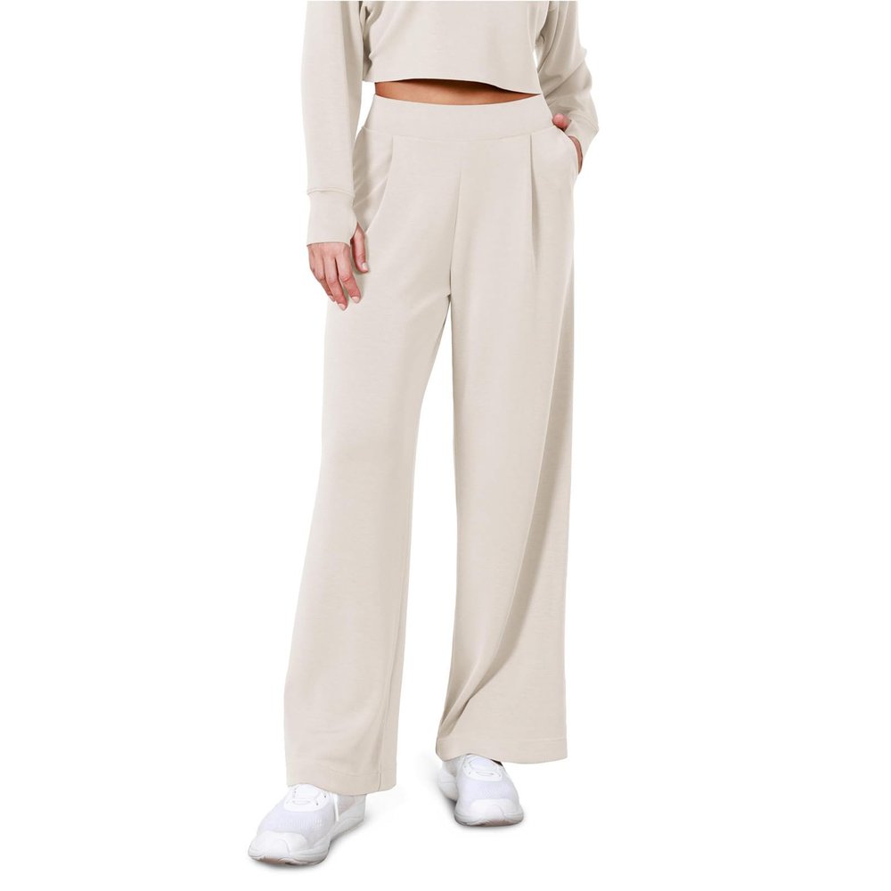 Womens High Waist Sweatpants Casual Straight Wide Leg Palazzo Lounge Pants Lightweight Loose Elastic Long Trousers Beige