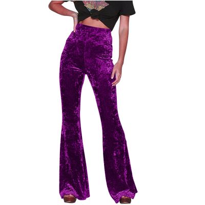 Akklian Women's Velvet Elastic Waist Flare Leg Palazzo Long Pants Stretchy Slim Bell Bottom Trousers Palazzo Casual Pants Purple