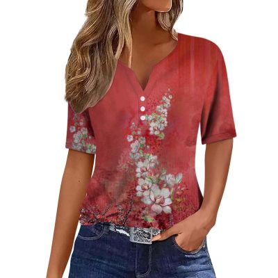 SHAOBGE Summer Tops for Women 2024 Vacation Trendy Button V Neck T-Shirts Casual Short Sleeve Shirts Plus Size Boho Graphic Tees Ladies Fashion Dressy Blouses Comfy Western Clothes