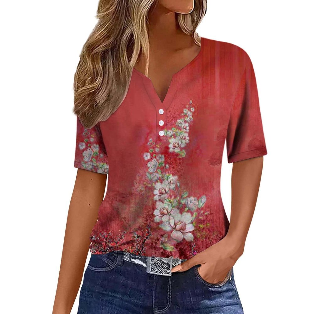 SHAOBGE Summer Tops for Women 2024 Vacation Trendy Button V Neck T-Shirts Casual Short Sleeve Shirts Plus Size Boho Graphic Tees Ladies Fashion Dressy Blouses Comfy Western Clothes