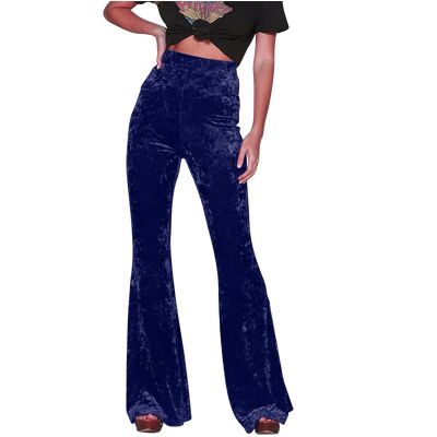 Akklian Women's Velvet Elastic Waist Flare Leg Palazzo Long Pants Stretchy Slim Bell Bottom Trousers Palazzo Casual Pants Navy
