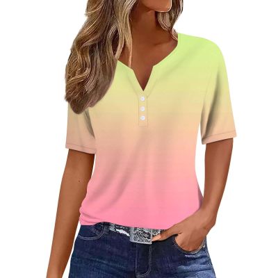 SHAOBGE Summer Tops for Women 2024 Vacation Trendy Button V Neck T-Shirts Casual Short Sleeve Shirts Plus Size Boho Graphic Tees Ladies Fashion Dressy Blouses Comfy Western Clothes