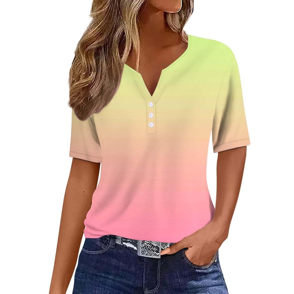 SHAOBGE Summer Tops for Women 2024 Vacation Trendy Button V Neck T-Shirts Casual Short Sleeve Shirts Plus Size Boho Graphic Tees Ladies Fashion Dressy Blouses Comfy Western Clothes