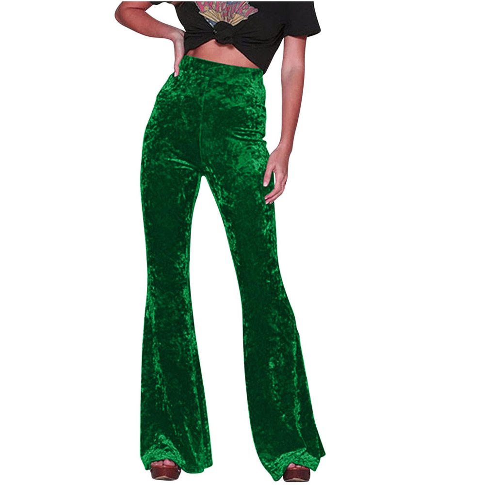 Akklian Women's Velvet Elastic Waist Flare Leg Palazzo Long Pants Stretchy Slim Bell Bottom Trousers Palazzo Casual Pants Green