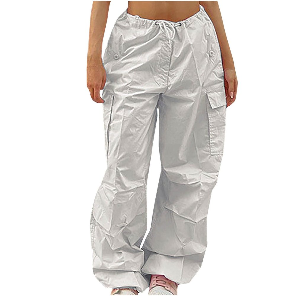 Parachute Pants for Girls Y2k Cargo Trousers with Pockets Harajuku Jogger Pants Baggy Elastic Waist Drawstring Pant