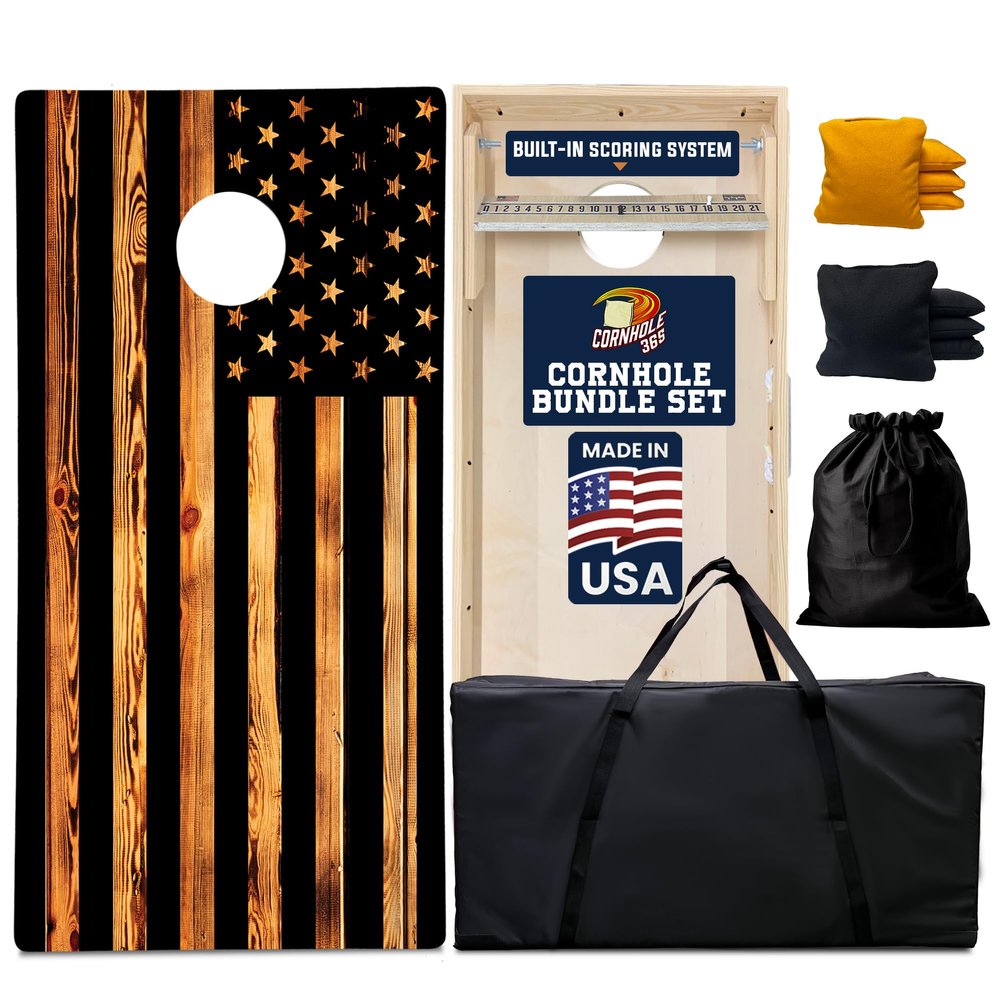 Cornhole365 Rustic Burned American Flag Cornhole Board Set - Includes Solid Wood Cornhole Board, 8 All-Weather Cornhole Bags, Portable Carrying Case & String Tote Bag Outdoor Game Bundle