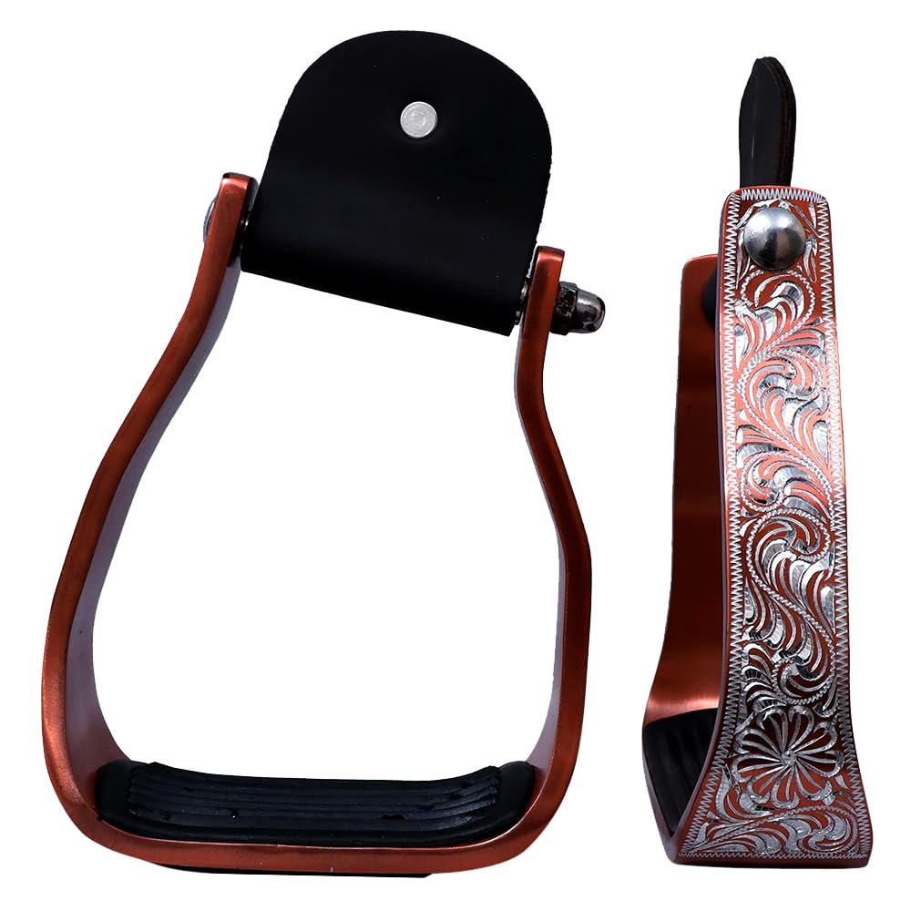 HILASON Engraved Western Angled Show Stirrups Barrel Racing Slanted Stirrups Wide Rubber Grip