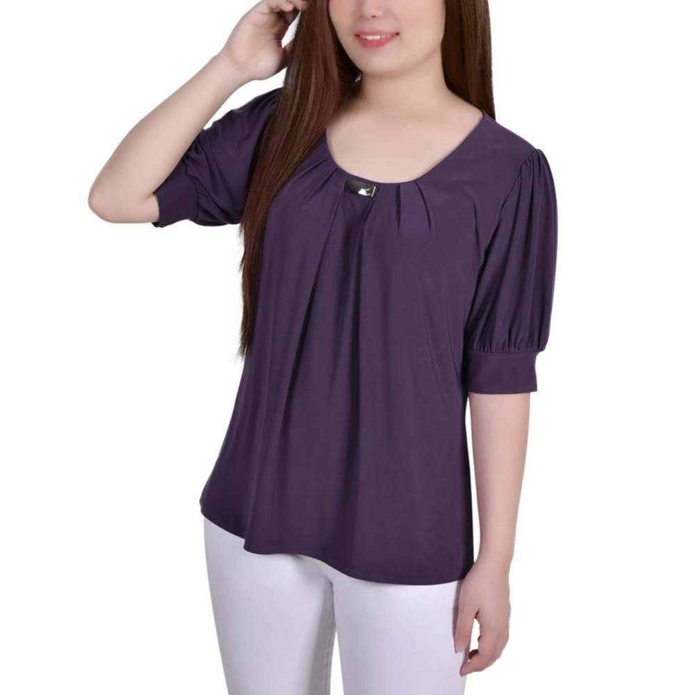 NY Collection Womens Petites Office Professional Blouse Purple PXL