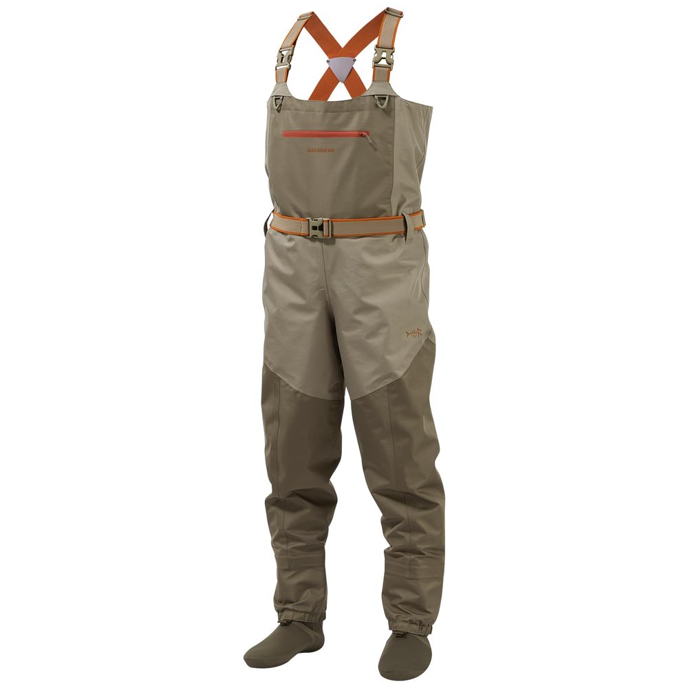 BASSDASH Mens IMMERSE Tan Waders Waterproof Breathable Fly Fishing Stocking Foot Chest Waders for Hunting Lightweight