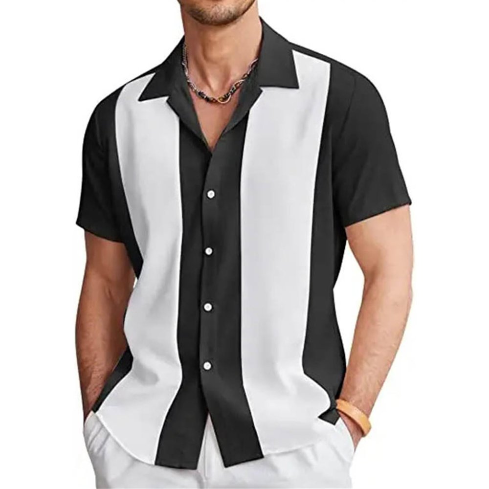 FQFGGYD Men's Linen Shirts Summer Causal Button Down Striped Polo Shirts Short Sleeve Hawaiian Vacation Beach Shirt Black