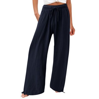 Linen Pants Women Petite Summer Cotton Linen Cropped Wide Leg Pants Capris Women Ladies Casual Loose Palazzo Pant Work Elastic Pocket Khaki X-Large