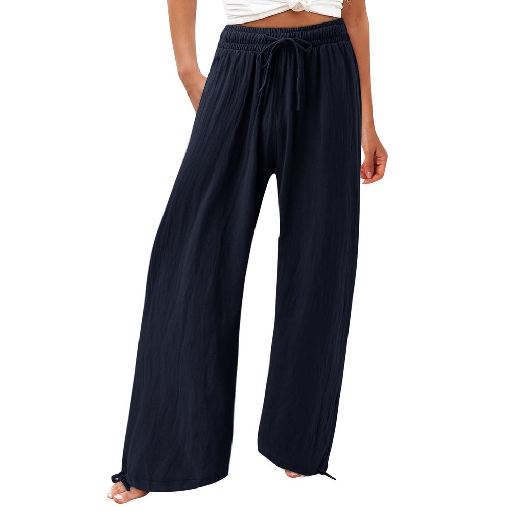Linen Pants Women Petite Summer Cotton Linen Cropped Wide Leg Pants Capris Women Ladies Casual Loose Palazzo Pant Work Elastic Pocket Khaki X-Large