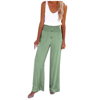 Linen Pants Women Summer Striped Womens Casual Linen Pants Straight Leg Drawstring Elastic High Waist Loose Comfy Trousers with Pockets Khaki X-Large