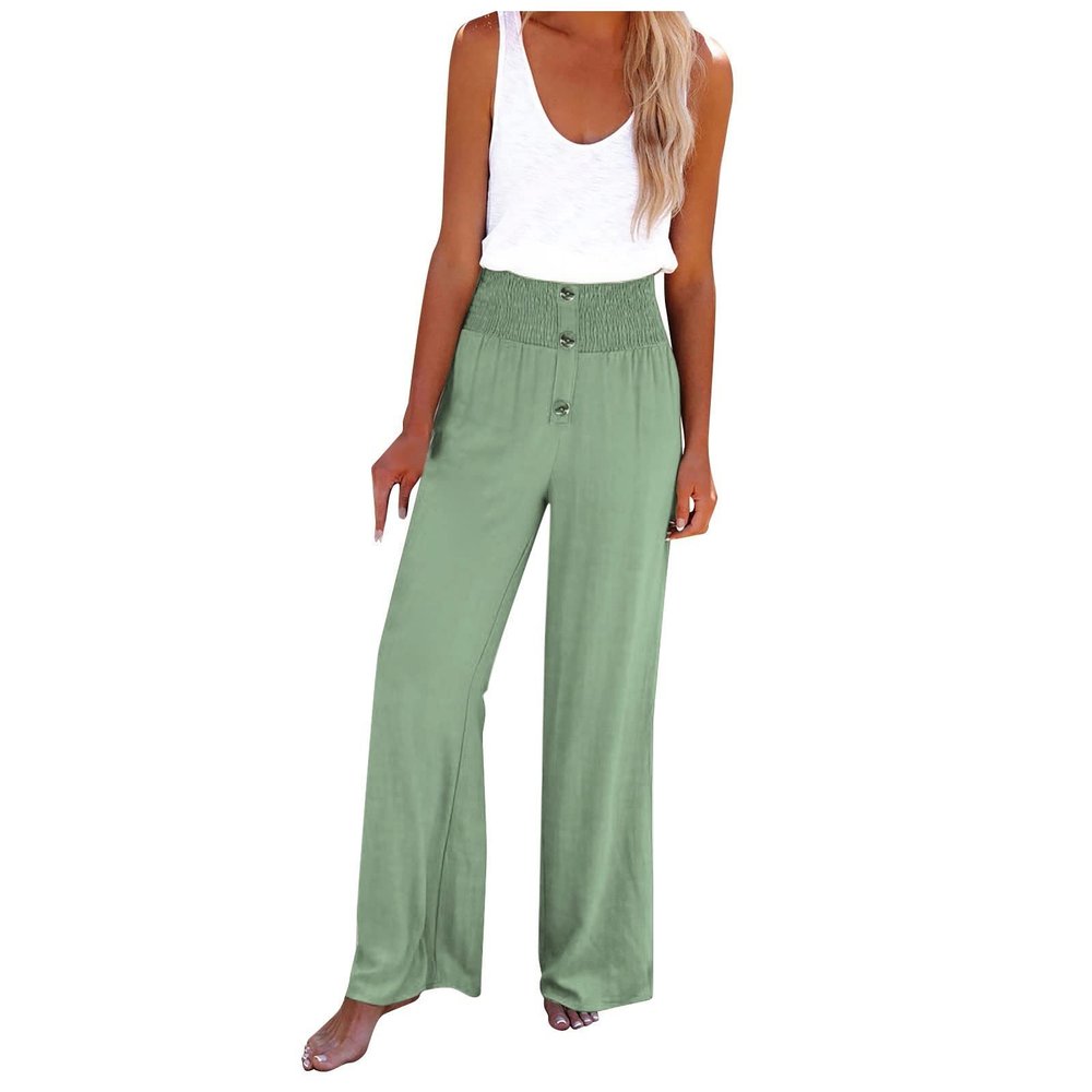 Linen Pants Women Summer Striped Womens Casual Linen Pants Straight Leg Drawstring Elastic High Waist Loose Comfy Trousers with Pockets Khaki X-Large