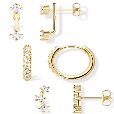 Trendy 14K Gold Plated Earrings for Women Accessories, Stud Huggie Hoop Jacket Stack Cartilage Helix Earring Set for Multiple Piercing, Small Dainty Cute Fashion Birthstone Jewelry Gifts Set
