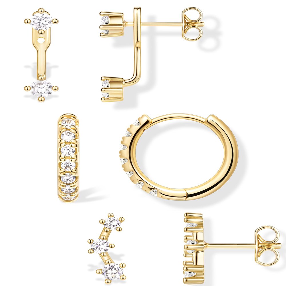 Trendy 14K Gold Plated Earrings for Women Accessories, Stud Huggie Hoop Jacket Stack Cartilage Helix Earring Set for Multiple Piercing, Small Dainty Cute Fashion Birthstone Jewelry Gifts Set