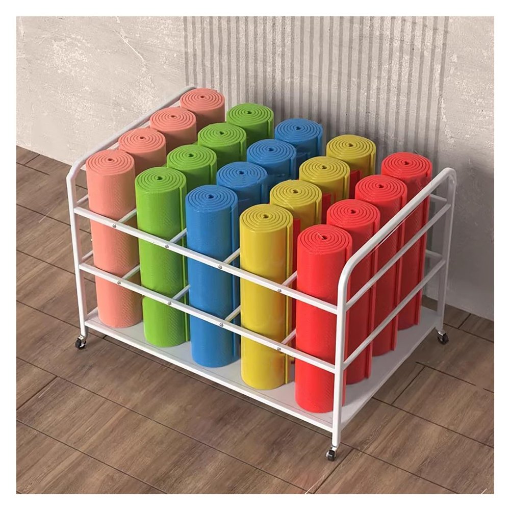 HDYZJQ Commercial Yoga Mats Storage Cart - Hold20 Mats, Studio/Gym/Office Portable Fitness Mats Organizer Holder, Rolling Metal Storage Rack Frame for Foam Rollers Wrapping Paper(White)