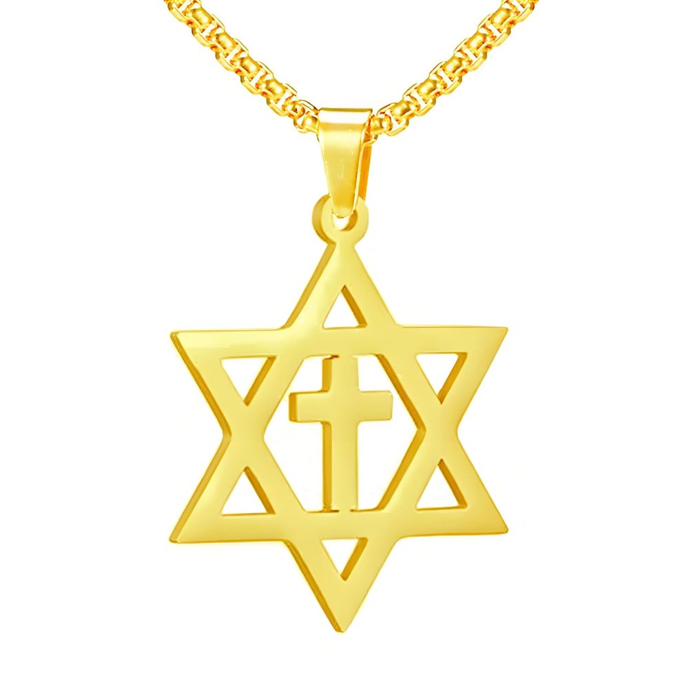 HOMLIFPER Cross Star of David Necklace Pendant for Men Women,Christian Jewish Messianic Star of David Stainless steel Pendant Christ Cross Religious Jewelry for Teens & Adults (Golden)