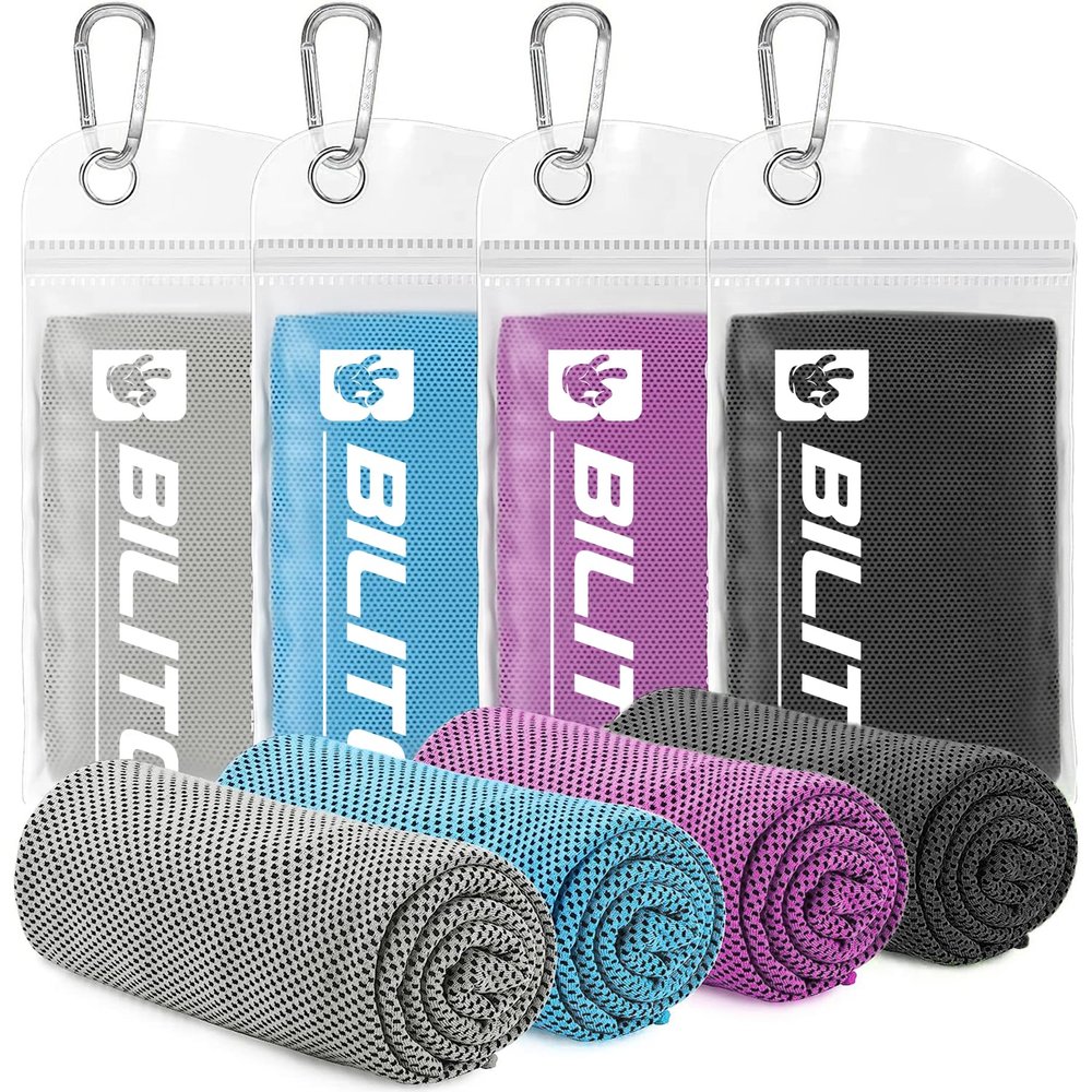 BILITOK Superfiber Ice Towel Neck, Soft Breathable Cold Towel Cooling, Yoga, Sports, Golf, Gym, Camping, Running, Fitness, Exercise and More Activities, 4 Packs (Blue/Gray/Black/Purple)
