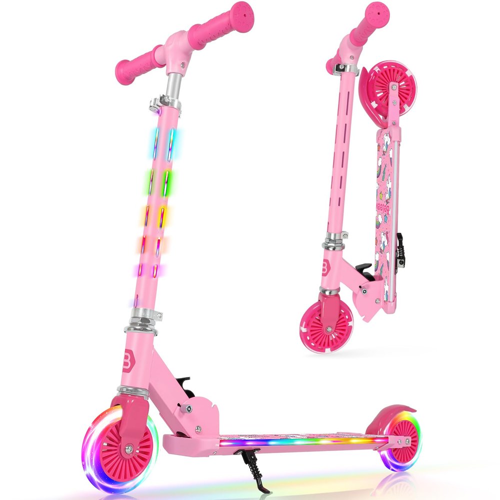BELEEV Scooters for Kids with Light-Up Wheels & Stem & Deck, 2 Wheel Folding Scooter for Girls Boys, 3 Adjustable Height, Kick Scooter with Kickstand for Children Ages 3-12 (Pink)