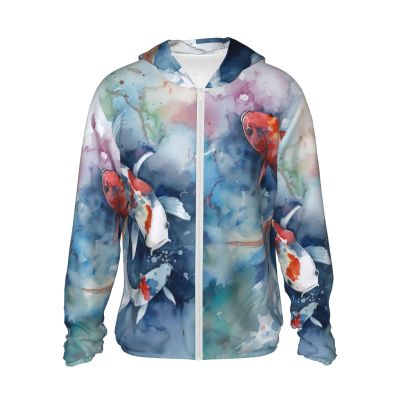 Dwrepo UPF50+ Colorful Carp Fish in The Pond Watercolor Sun Protection Hoodie Jacket Quick Dry Long Sleeve Sun Shirt for Men Women, Large, Black