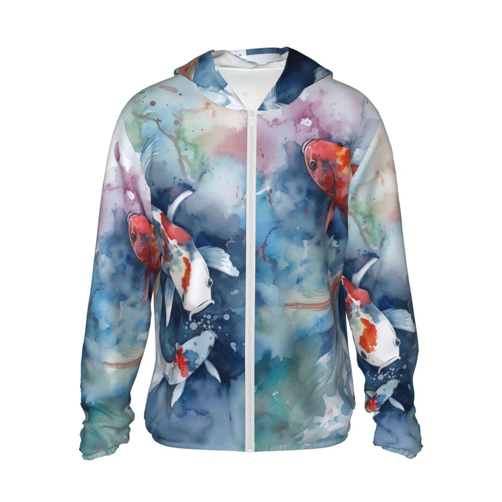 Dwrepo UPF50+ Colorful Carp Fish in The Pond Watercolor Sun Protection Hoodie Jacket Quick Dry Long Sleeve Sun Shirt for Men Women, Large, Black