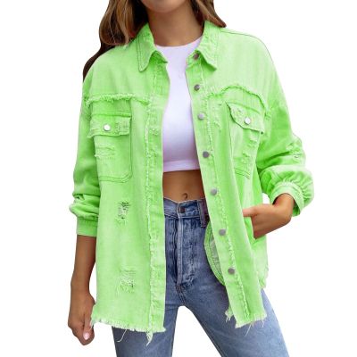 Jean Jacket Women, Womens Oversized Vintage Distressed Frayed Hem Denim Jacket Long Sleeve Button Up Boyfriends Denim Jean Jacket Biker Coat