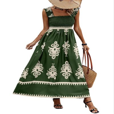 chouyatou Women's Retro Smocked Bohemian Maxi Dress Floral Print Spaghetti Strap Swing Beach Party Dress (X-Large, Green)