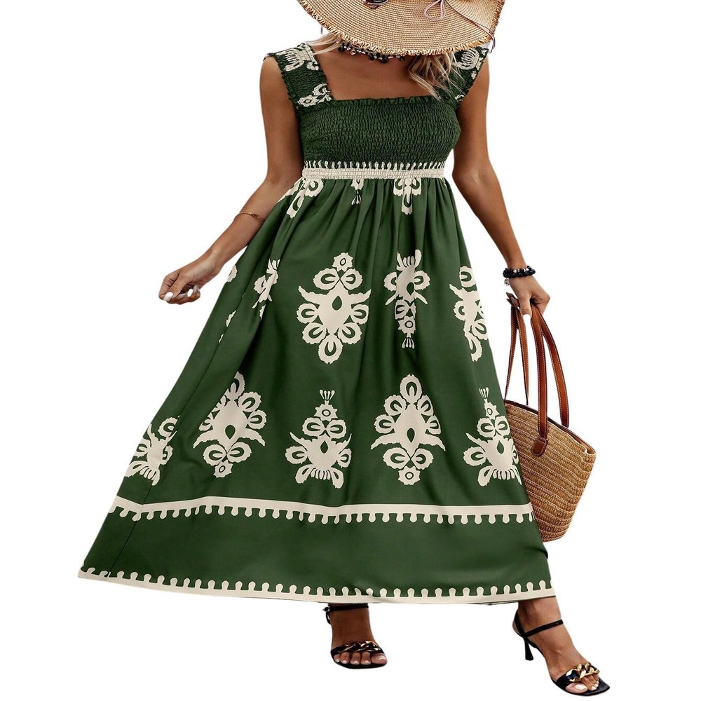 chouyatou Women's Retro Smocked Bohemian Maxi Dress Floral Print Spaghetti Strap Swing Beach Party Dress (X-Large, Green)