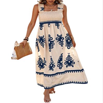 chouyatou Women's Retro Smocked Bohemian Maxi Dress Floral Print Spaghetti Strap Swing Beach Party Dress (X-Large, Navy Blue)