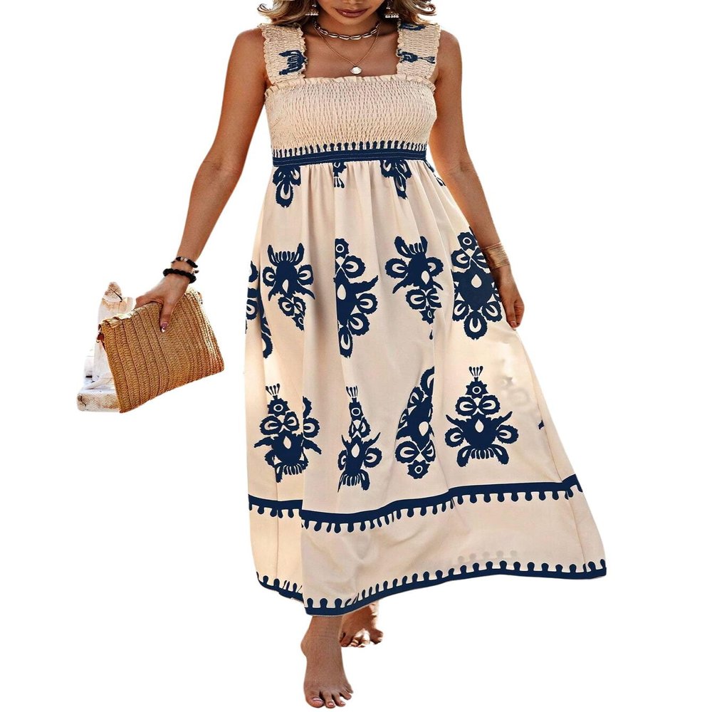 chouyatou Women's Retro Smocked Bohemian Maxi Dress Floral Print Spaghetti Strap Swing Beach Party Dress (X-Large, Navy Blue)
