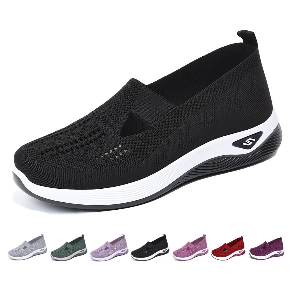 Women's Woven Orthopedic Breathable Soft Shoes Go Walking Slip on Diabetic Foam Shoes Hands Free Slip in Sneakers Arch Support, Black, 8.5-9 Wide