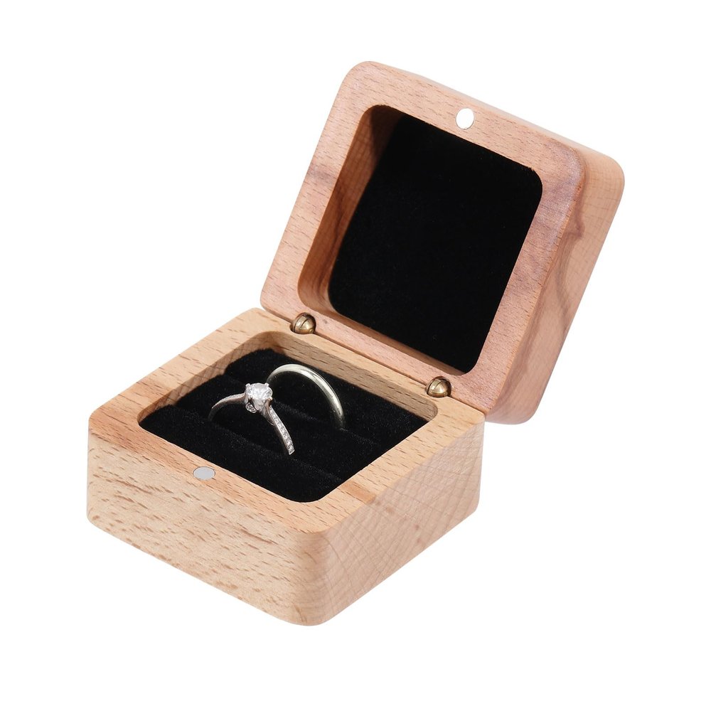 CHGCRAFT Wooden Ring Box Engagement Ring Holder Box with Double Slot Small Wood Ring Jewelry Box for Engagement Proposal Rustic Jewelry Gift Storage, 2.2x2.2x1.5inch